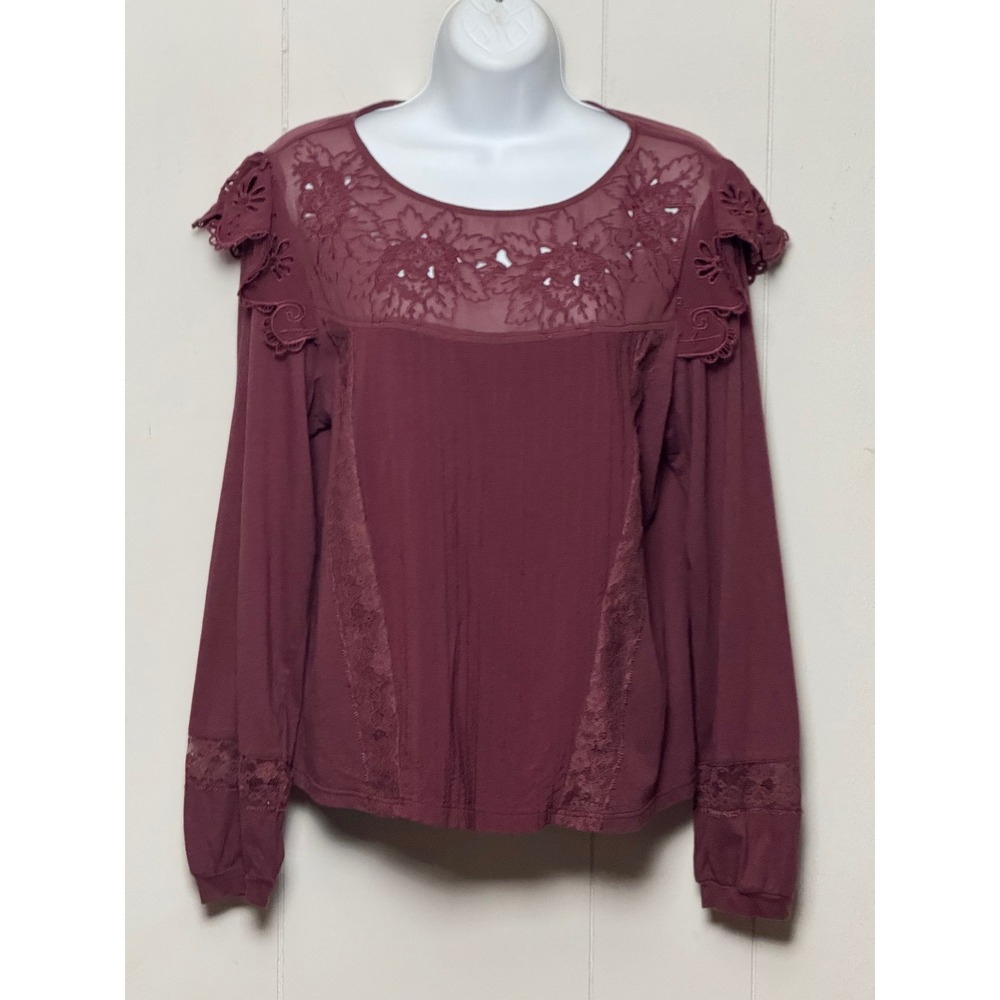 Tiny Anthropologie Plum Lace Pintuck Eyelet Ruffle Long Sleeve Blouse Sz Medium